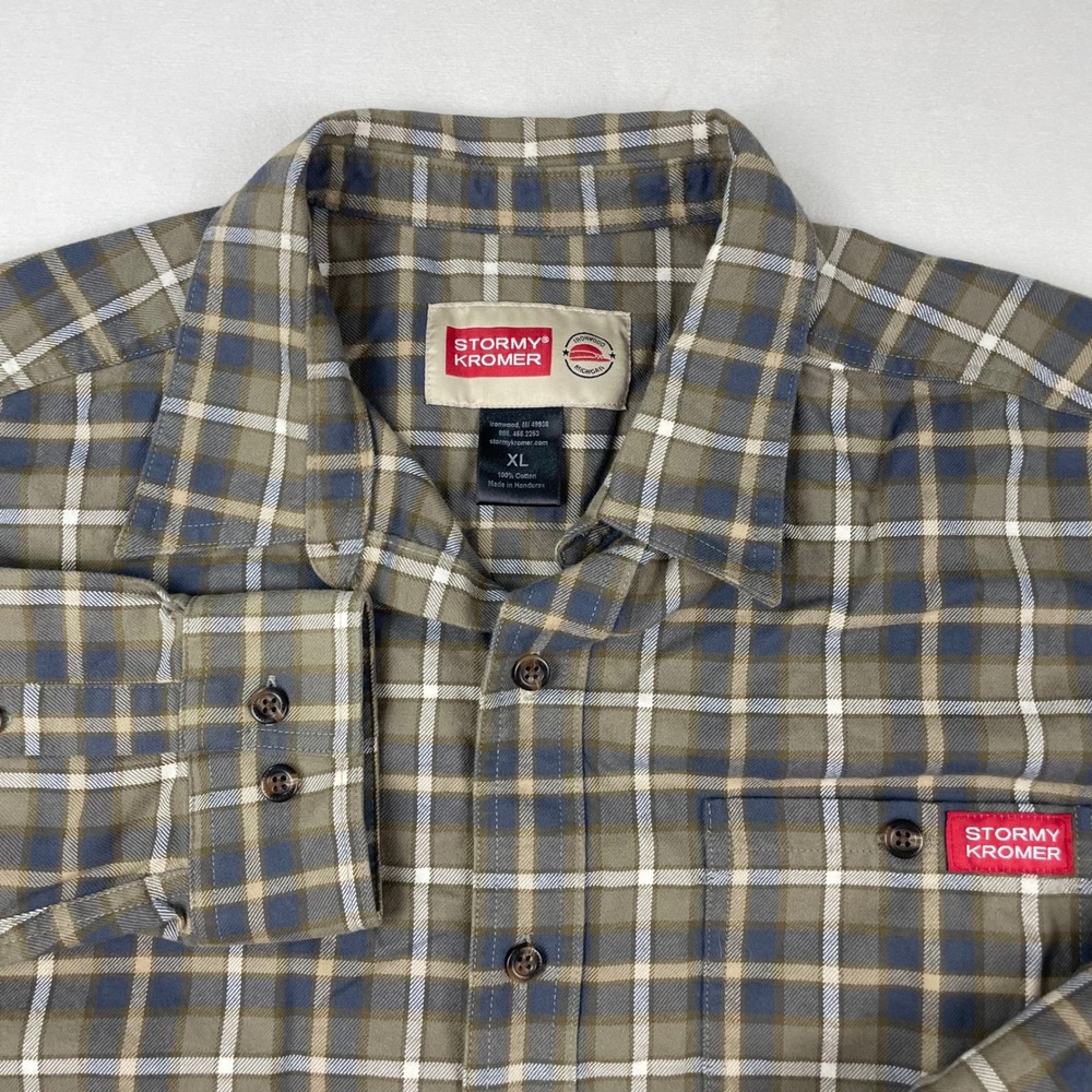 Stormy Kromer Mens XL Plaid Button Down Shirt Olive Green Blue Cotton Flannel